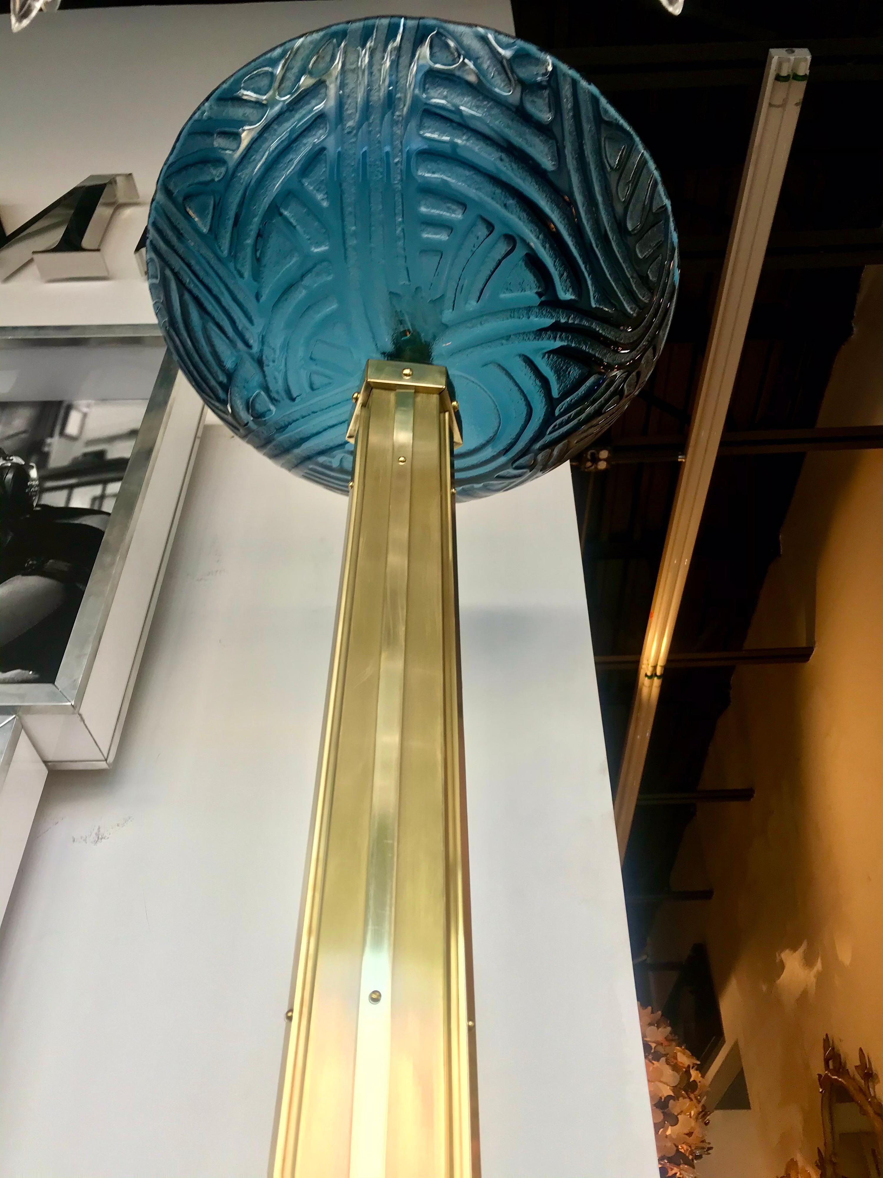 Mid-Century Modern Acid Etched Blue Glass and Brass Floor Lamps 3