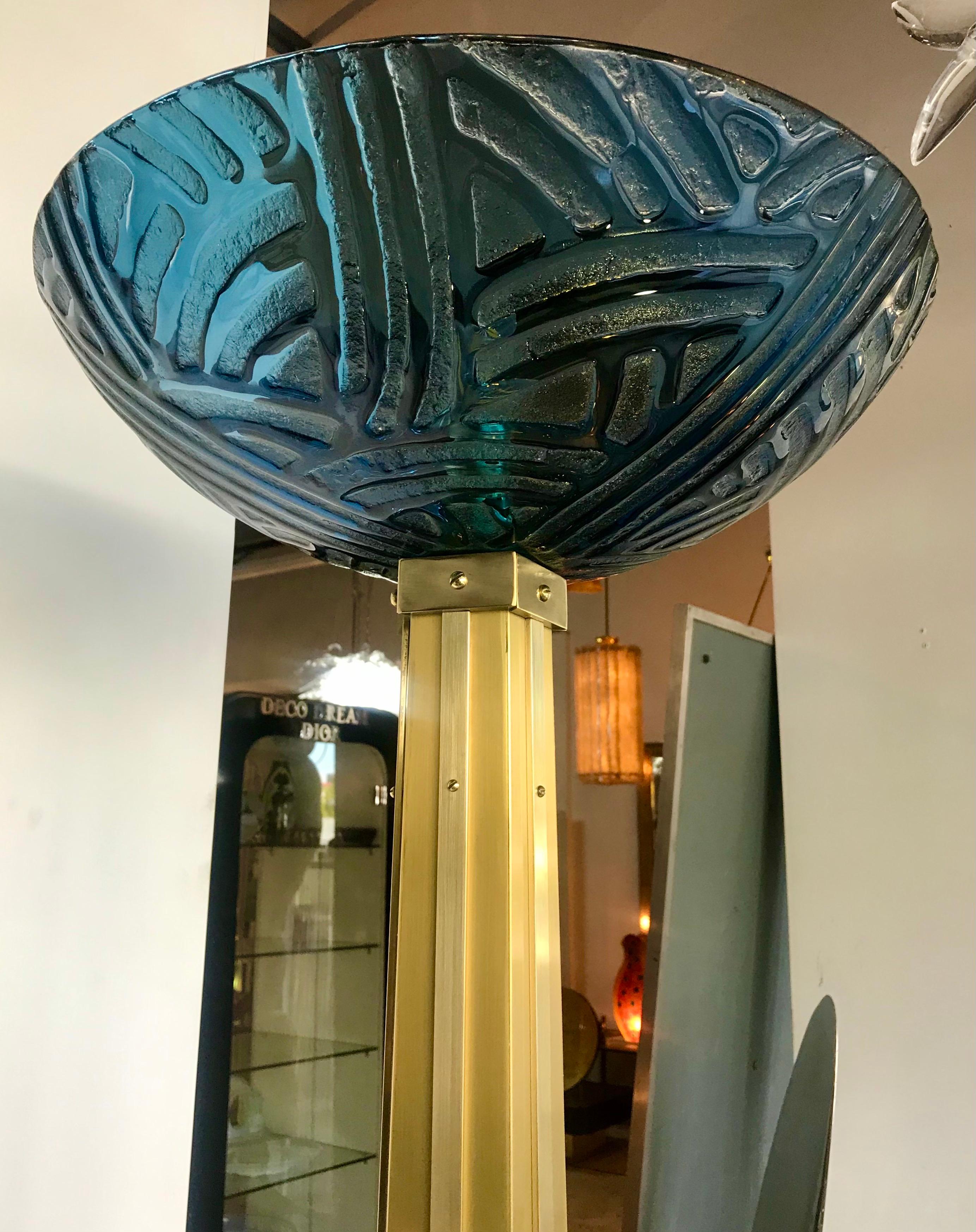 Mid-Century Modern Acid Etched Blue Glass and Brass Floor Lamps 4