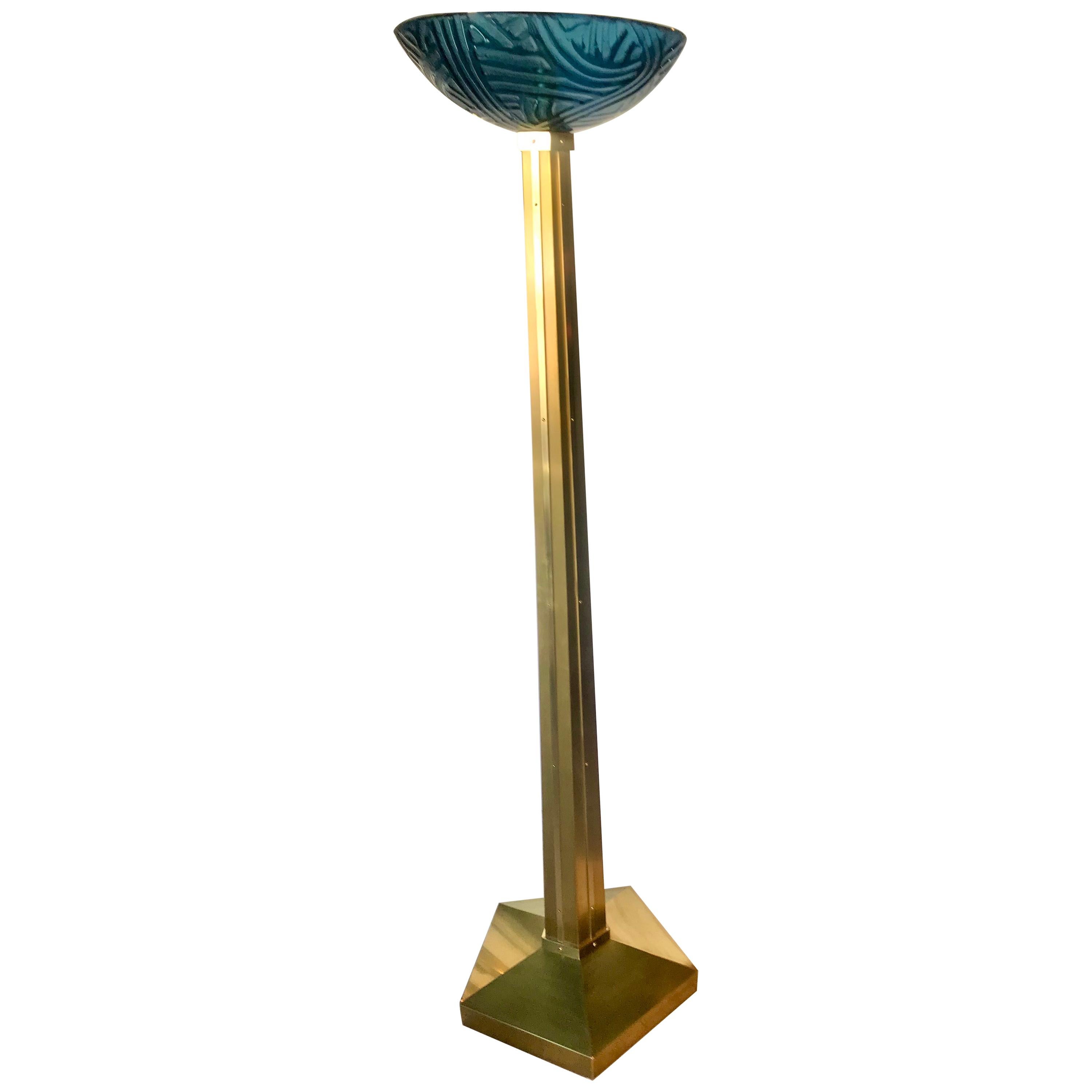 Mid-Century Modern Acid Etched Blue Glass and Brass Floor Lamps