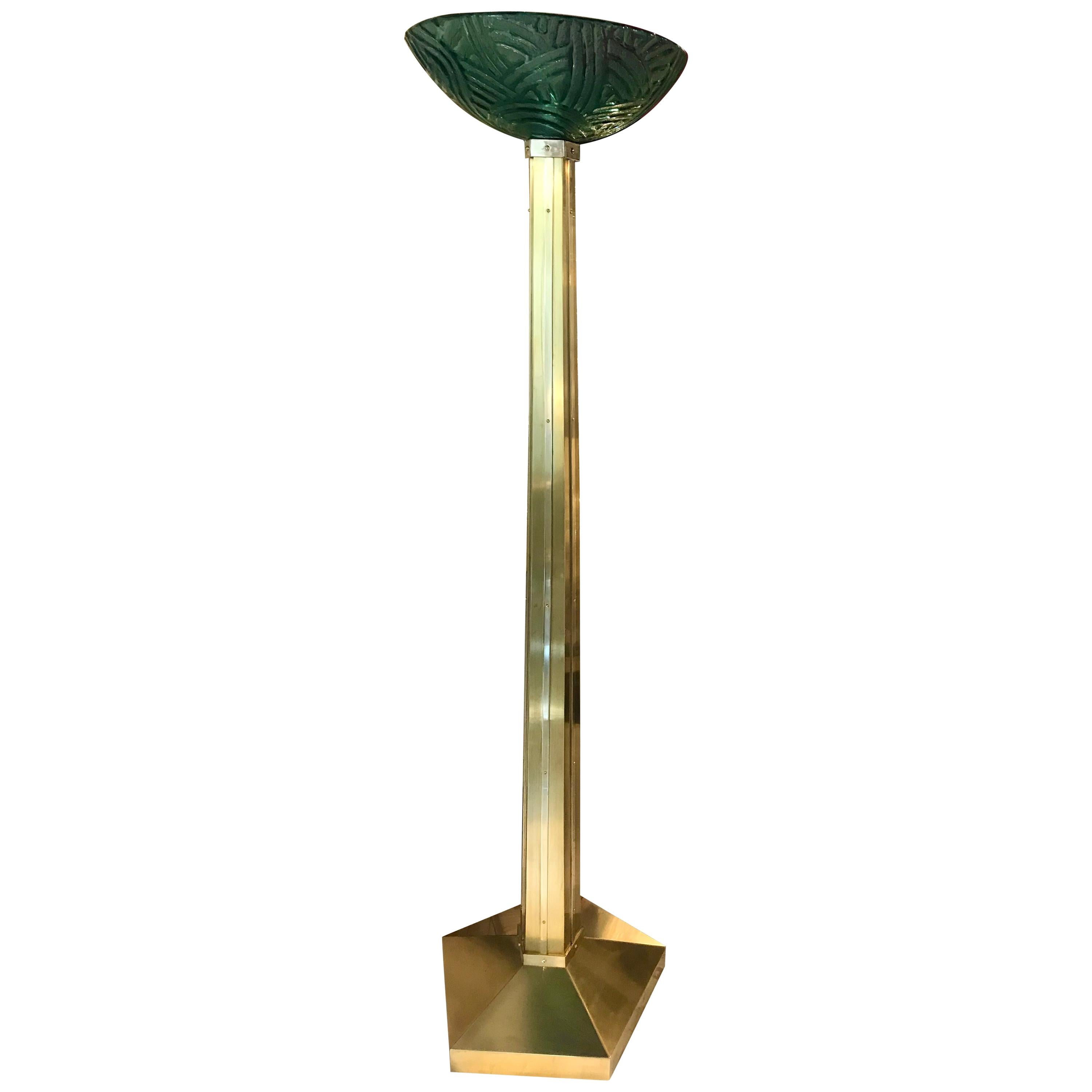 Mid-Century Modern Acid Etched Glass and Brass Floor Lamps