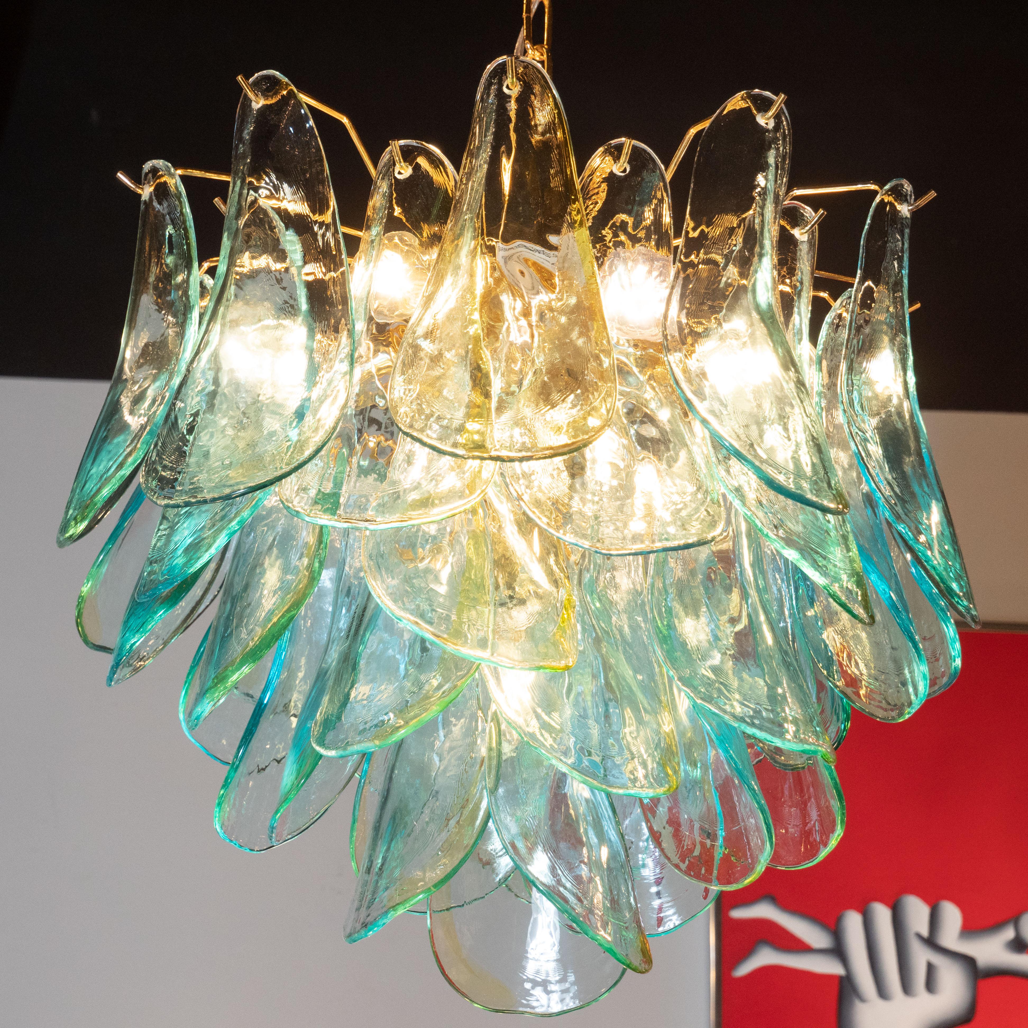 Italian Mid-Century Modern Acqua Glass Peacock Chandelier by Barbini with Brass Fittings