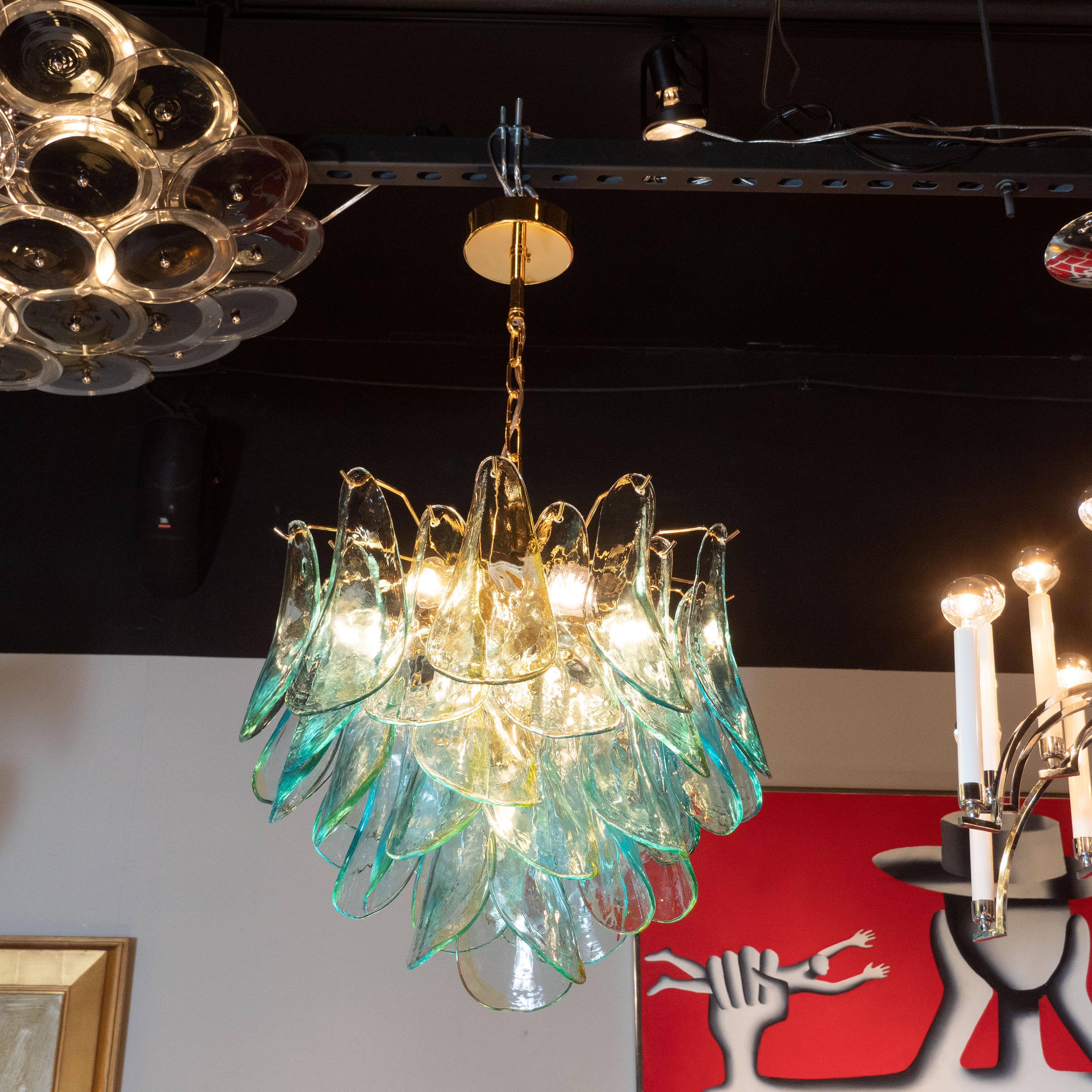 Mid-20th Century Mid-Century Modern Acqua Glass Peacock Chandelier by Barbini with Brass Fittings