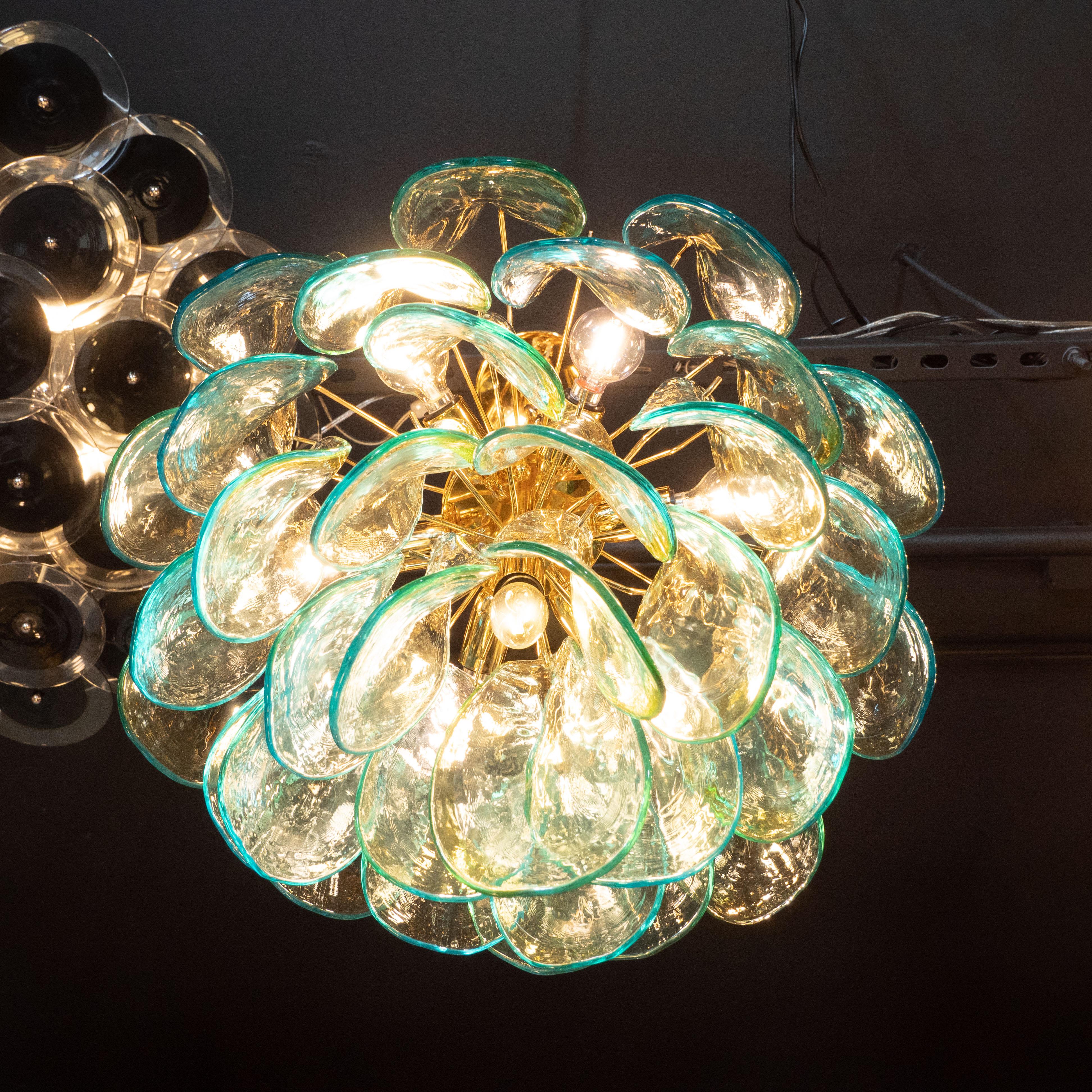 Mid-Century Modern Acqua Glass Peacock Chandelier by Barbini with Brass Fittings 1