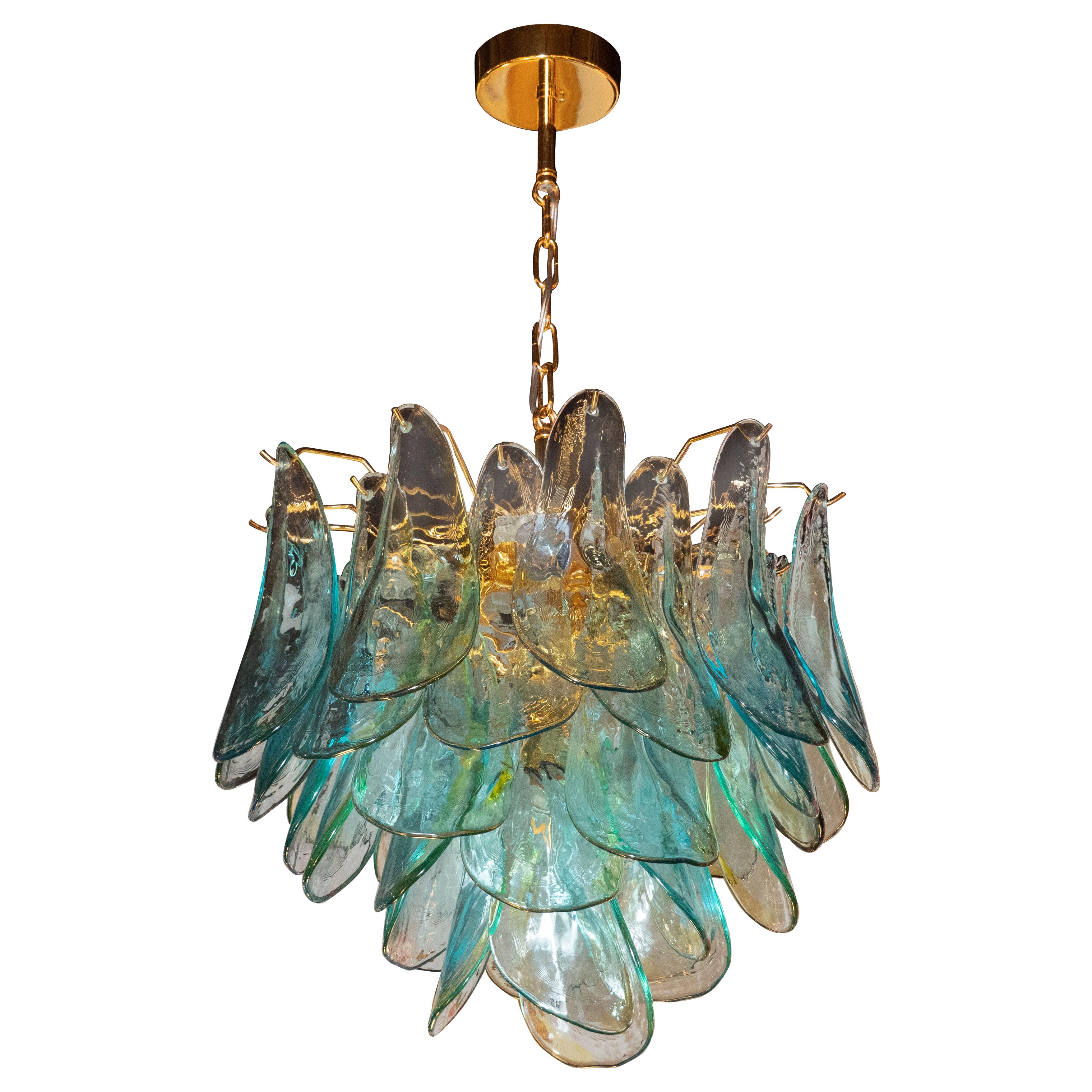 Mid-Century Modern Acqua Glass Peacock Chandelier by Barbini with Brass Fittings