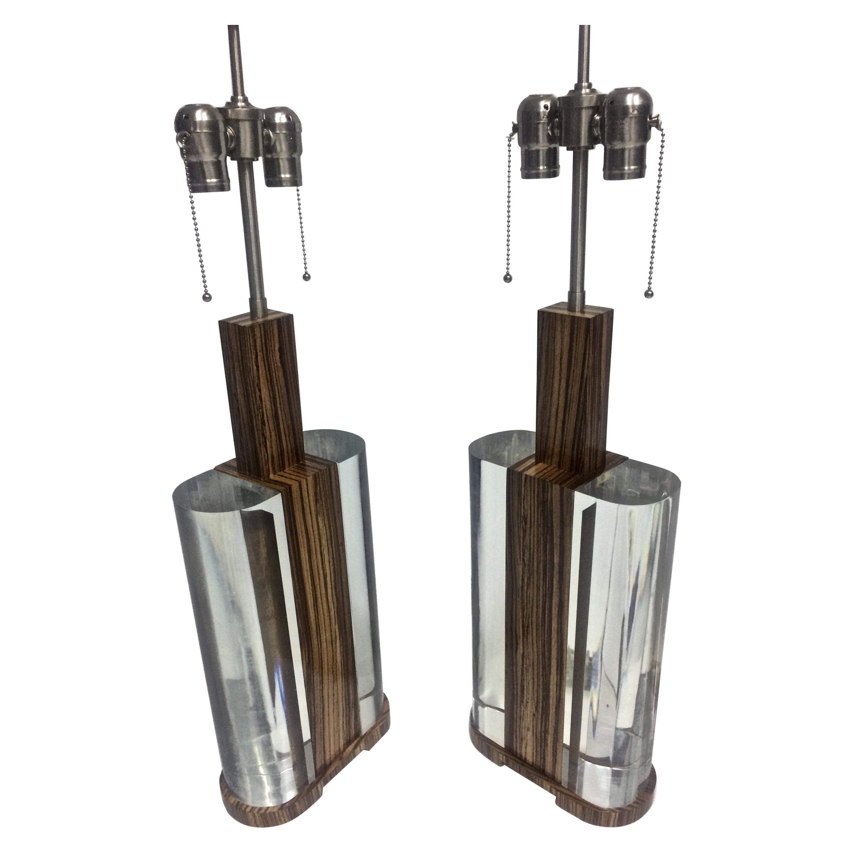 Mid-Century Modern Acrylic and Zebra Wood Pair of Lamps, in Stock For Sale