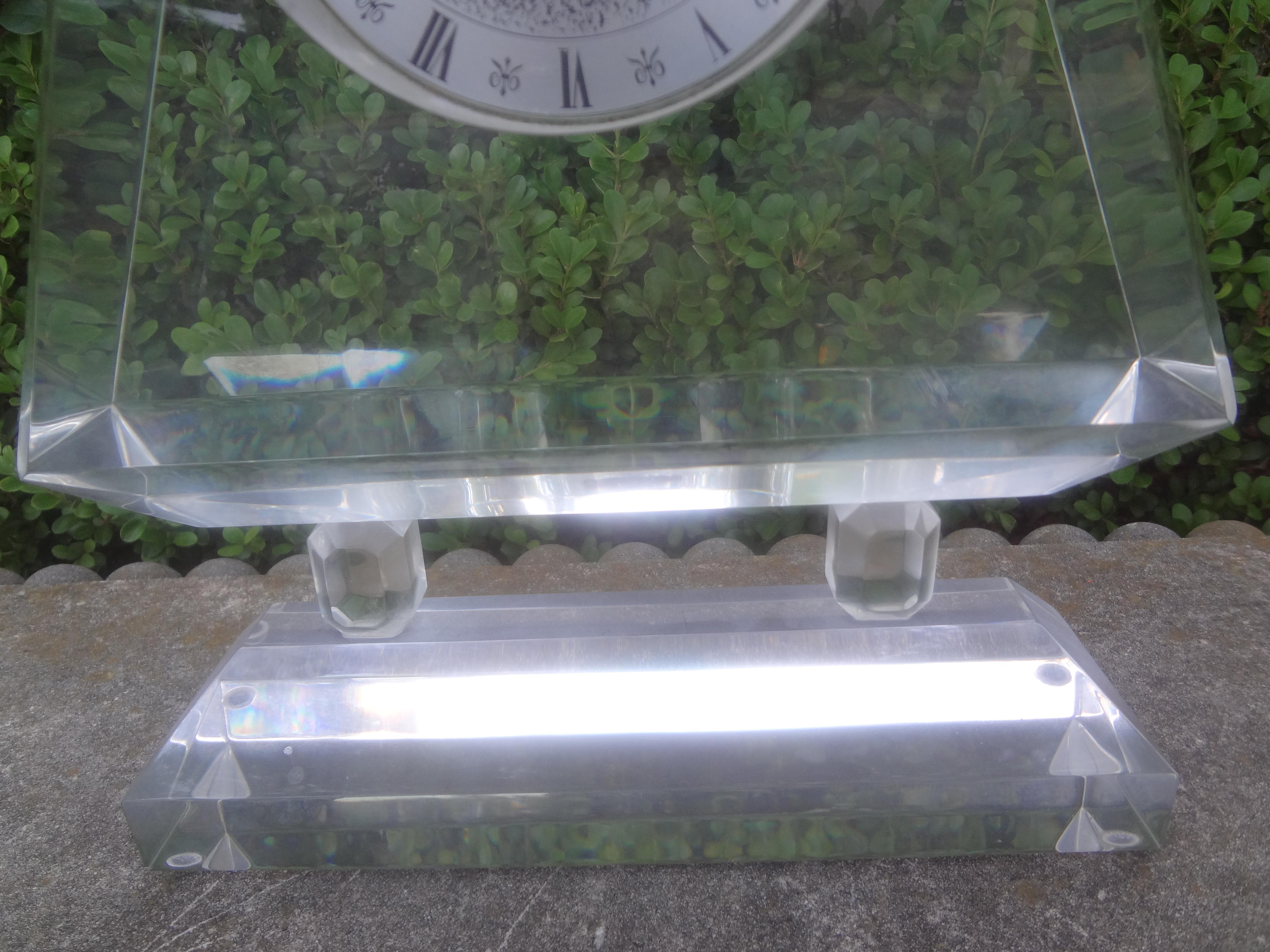 Mid Century Modern Neoclassical Style Acrylic Clock In Good Condition For Sale In Houston, TX