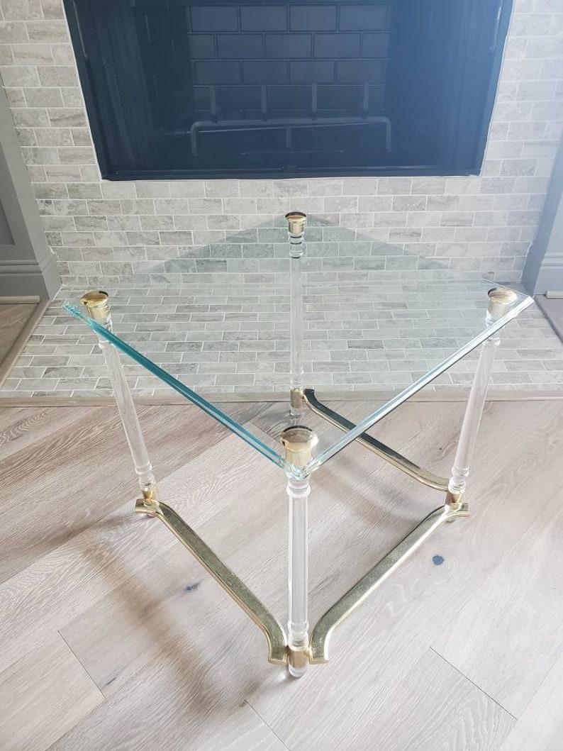 Gilt Mid-Century Modern Acrylic Lucite Glass End Table For Sale