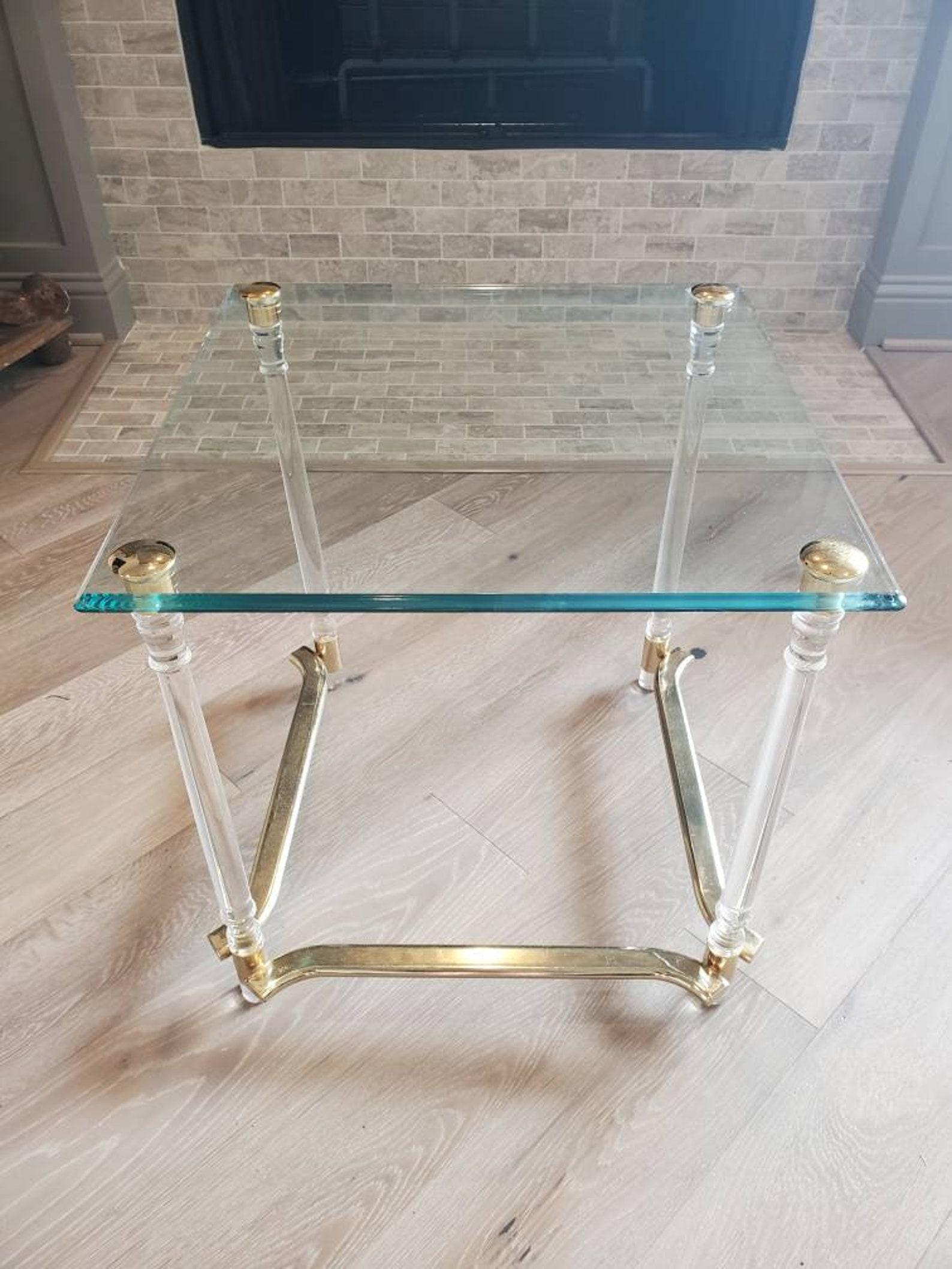 Brass Mid-Century Modern Acrylic Lucite Glass End Table For Sale
