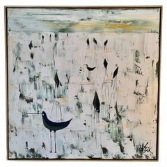 Mid Century Modern Acrylic on Canvas Art Birds in Water