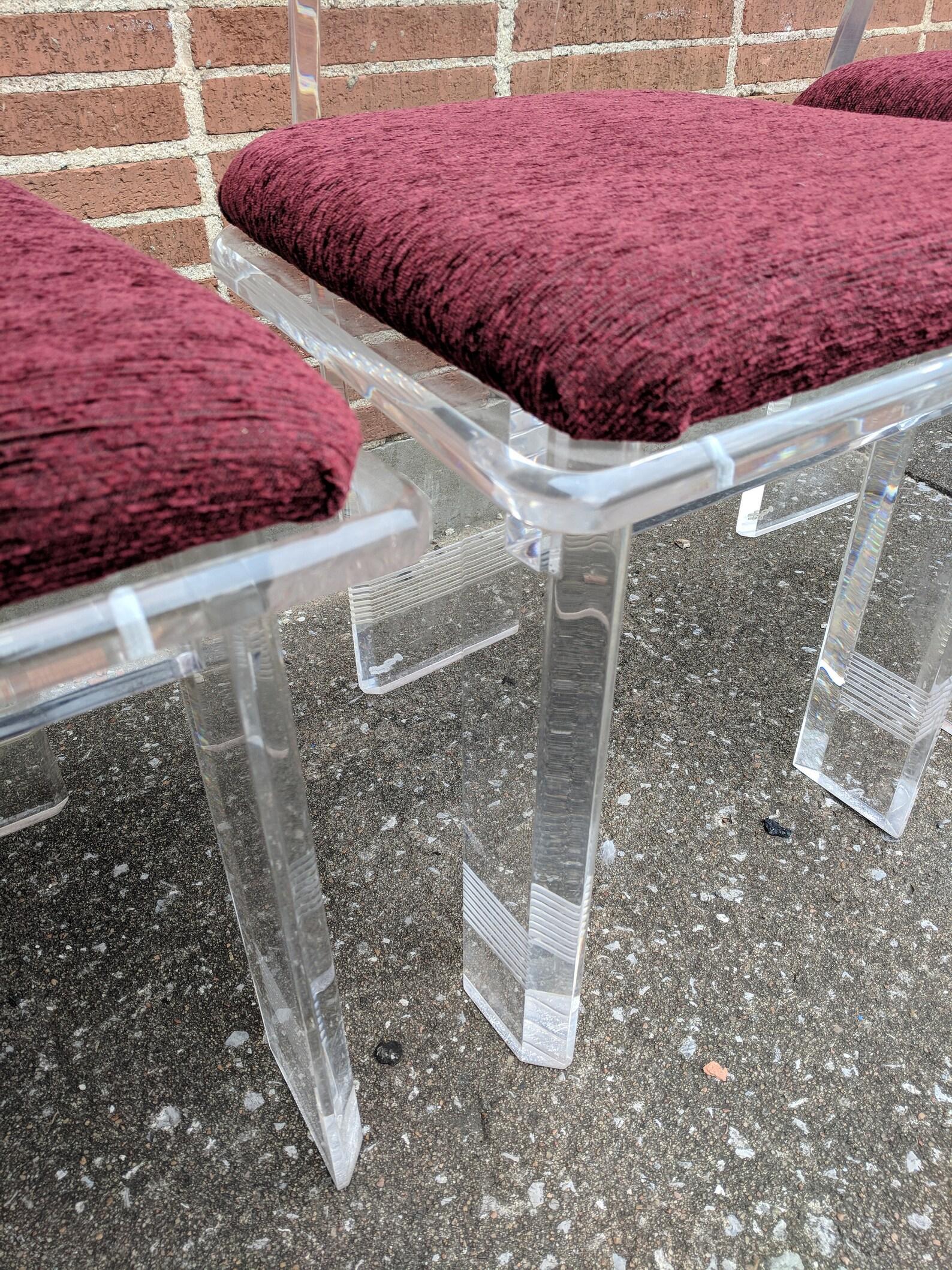 Mid Century Modern Acrylicore Lucite Dining Chairs

Above average condition and structurally sound.  Please request additional pictures. Have expected age related wear and scratching. Upholstery in good condition with very little to negligible