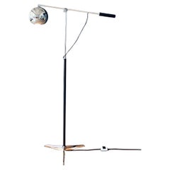 Vintage Mid-Century Modern Adjustable Chrome Orb Floor Lamp w/ Leather-Wrapped Handle