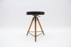 Mid-Century Modern Adjustable Swiss Stool in Leather Metal and Wood, 1940s/50s