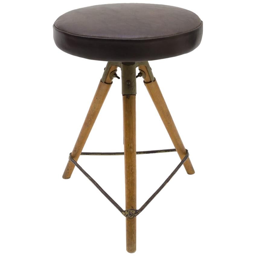 Mid-Century Modern Adjustable Swiss Stool in Leather Metal and Wood, 1940s/50s For Sale