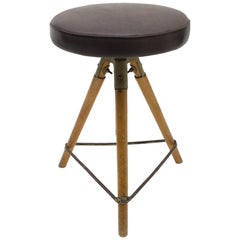 Vintage Mid-Century Modern Adjustable Swiss Stool in Leather Metal and Wood, 1940s/50s