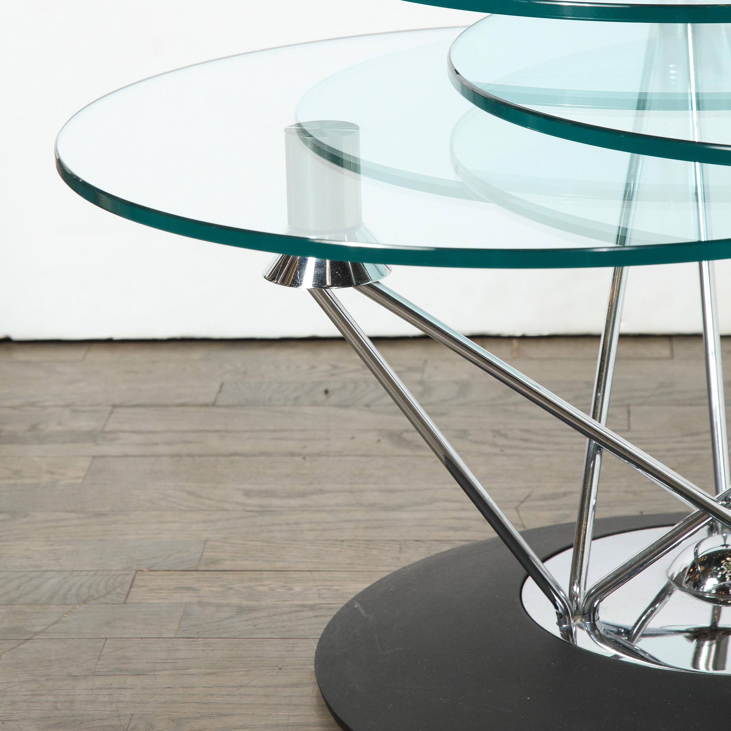 American Mid-Century Modern Adjustable Swiveling Three Tier Chrome & Glass Cocktail Table