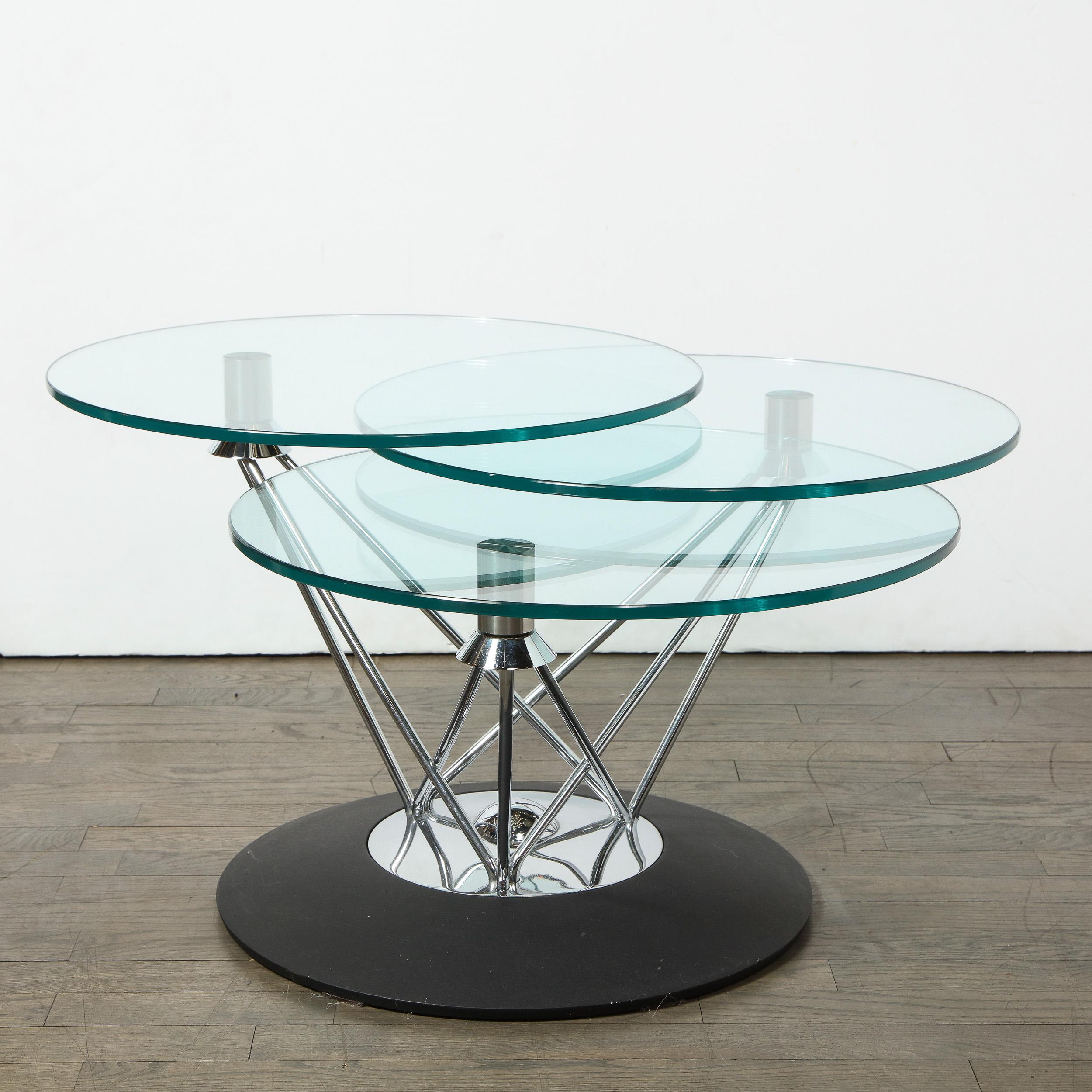 Late 20th Century Mid-Century Modern Adjustable Swiveling Three Tier Chrome & Glass Cocktail Table