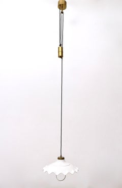 White Ceramic and Brass Adjustable Pendant Lamp, Italy