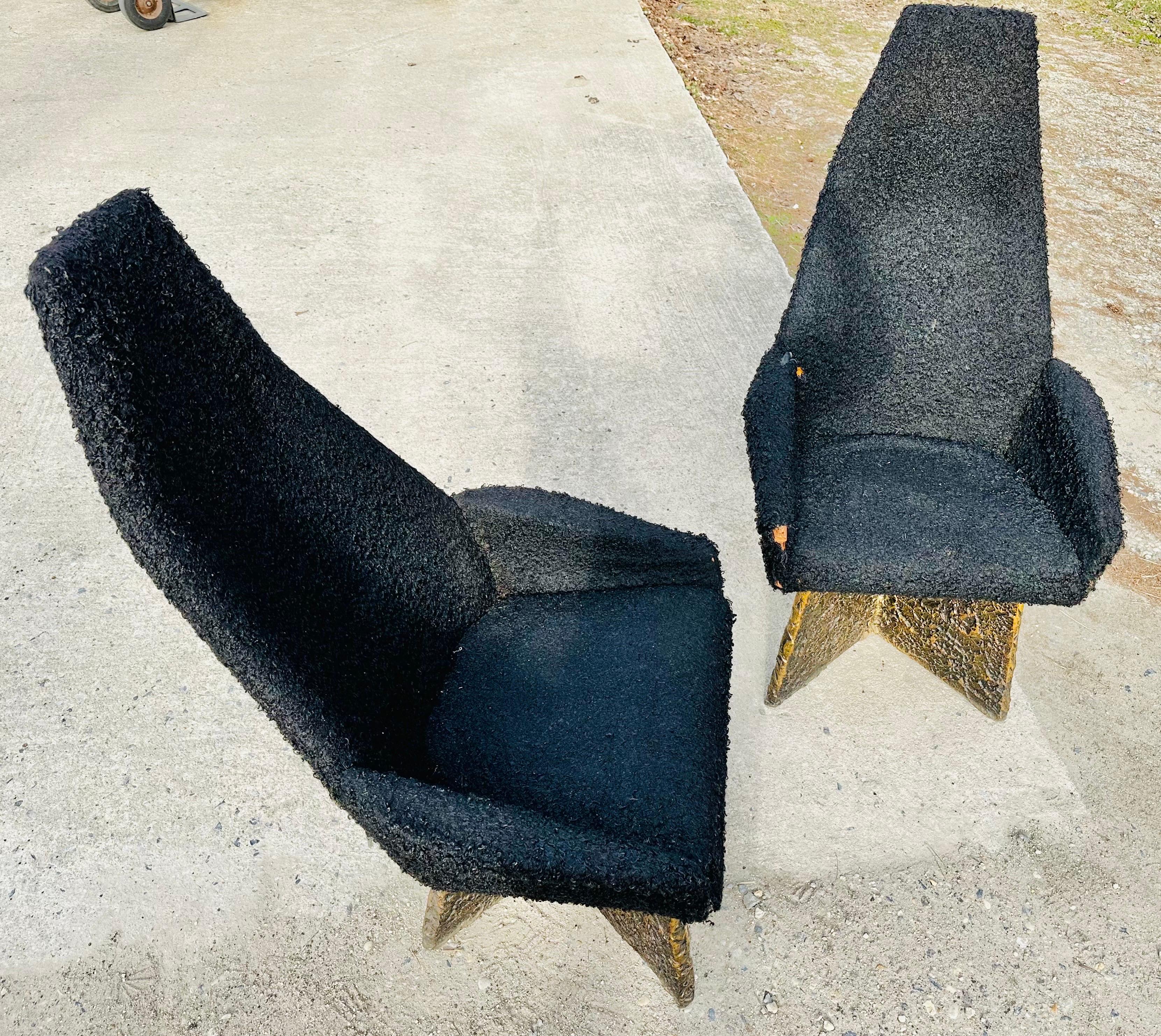 This listing is for a pair of Mid-Century Modern Adrian Pearsall Brutalist Arm Chairs. Featuring a high back design, brutalist base, and original fuzzy black upholstery. This is an exceptional example of Pearsall’s design.
