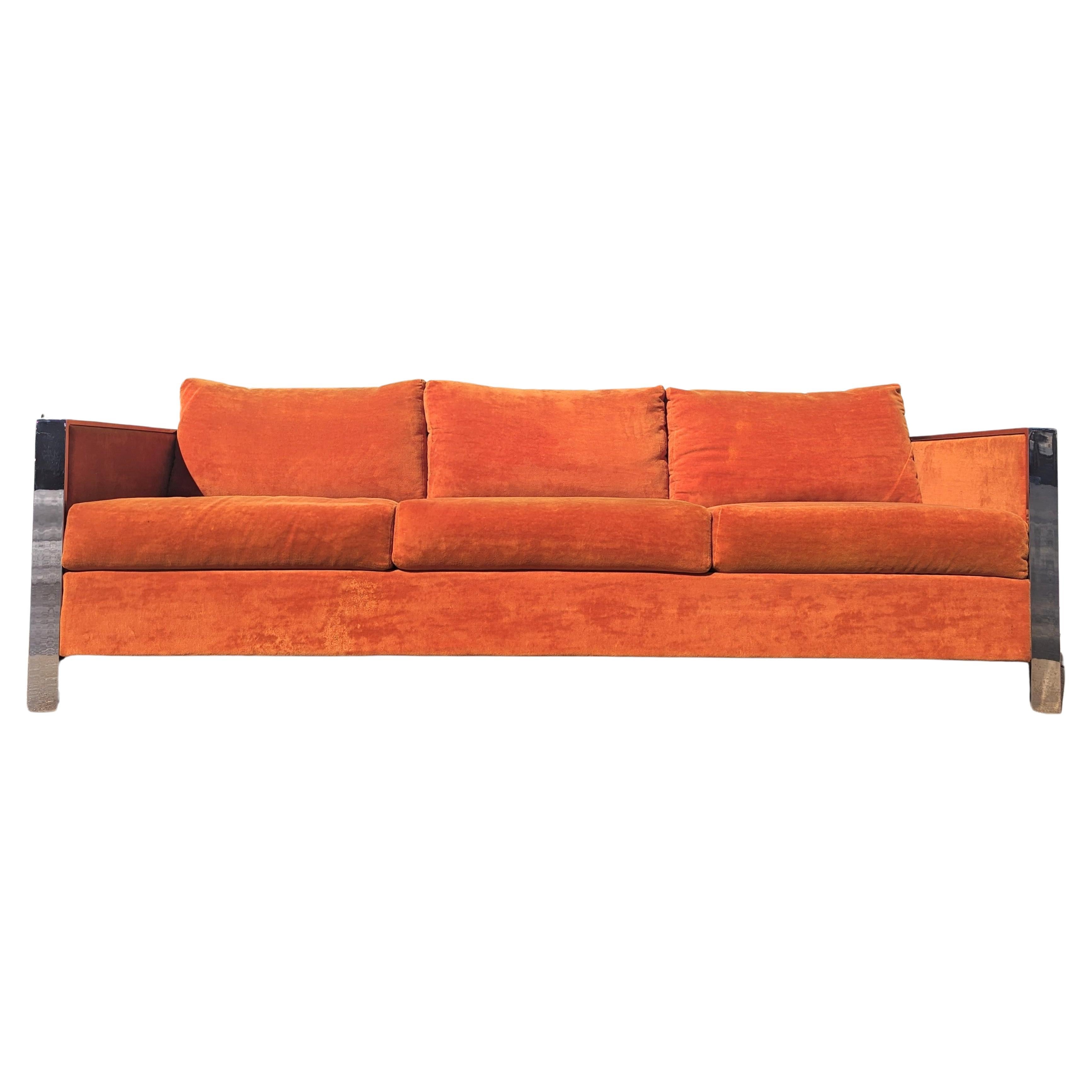 Beautiful, unique Adrian Pearsall for Comfort Designs stainless steel, cork, and velvet sofa.  I would consider this in above average condition. Stainless steel frame has very little wear. Cork is almost all intact with very little wear. Sofa
