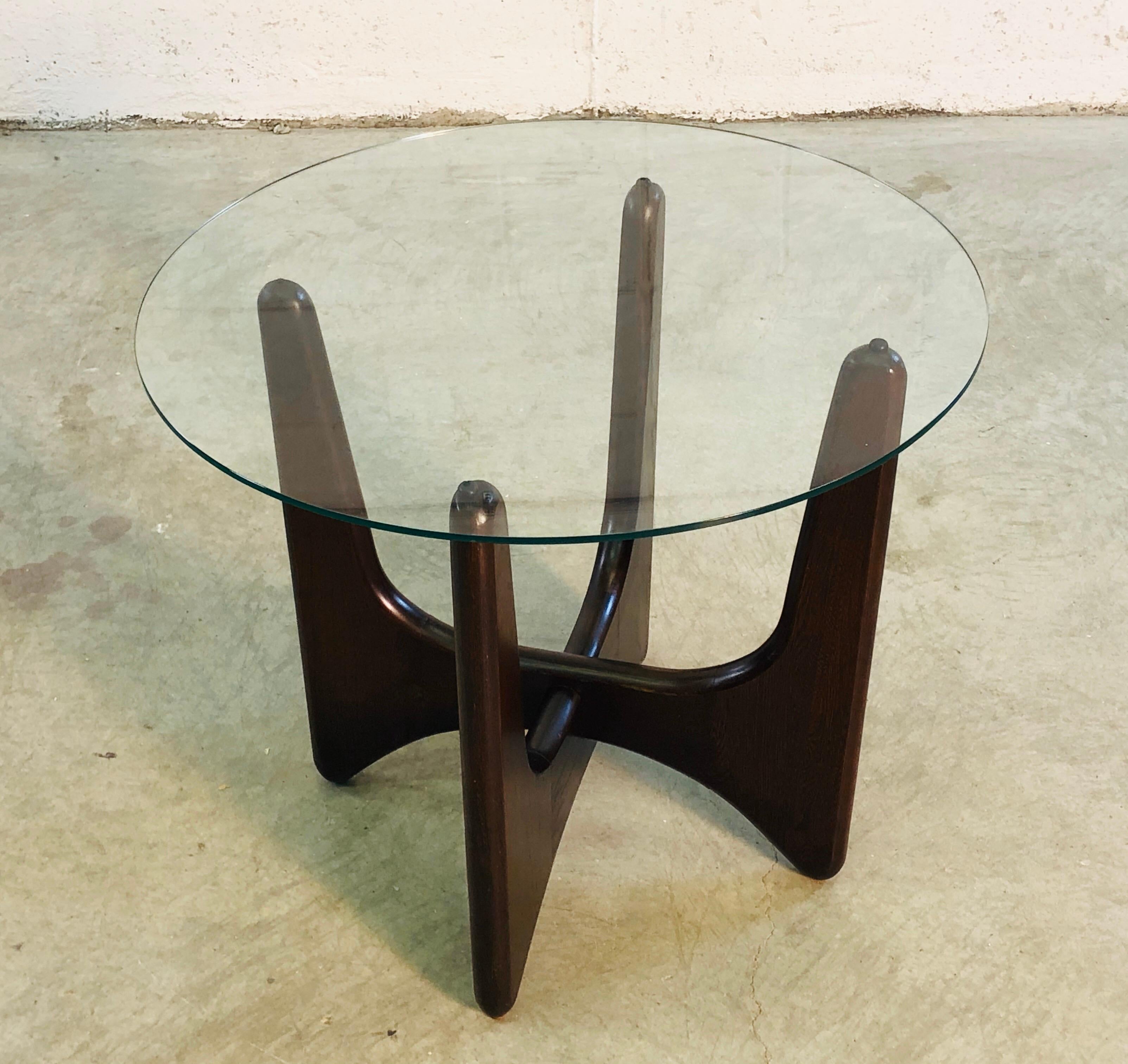 Vintage 1960s Adrian Pearsall glass top and walnut base side table. Classic Pearsall designed wood base with a round glass top. Very good used condition. No marks.
Base only measures: 13” L x 14” W x 19.75” H.
