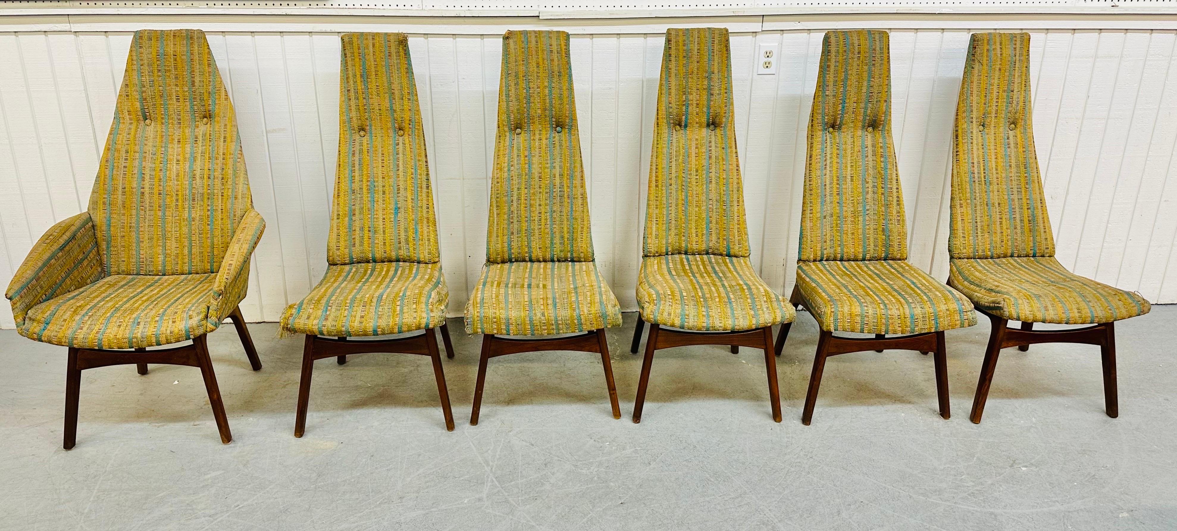 This listing is for a set of six Mid-Century Modern Adrian Pearsall High-Back Dining Chairs for Craft Associates. Featuring one arm chair, five straight chairs, original 1960’s green striped upholstery, and thick walnut legs. This is an exceptional
