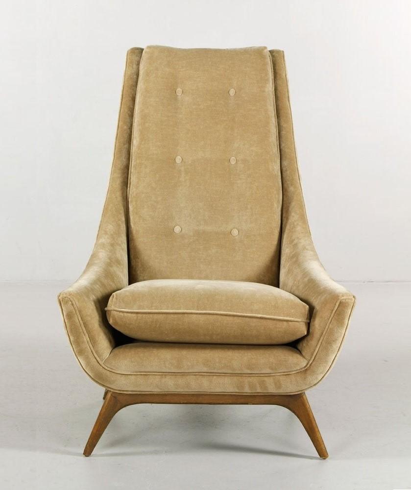 Sculptural high back tufted lounge chair by Adrian Pearsall for Craft Associates, circa 1960s. Professionally upholstered in velvet. Solid walnut sculptured base. No original labels.