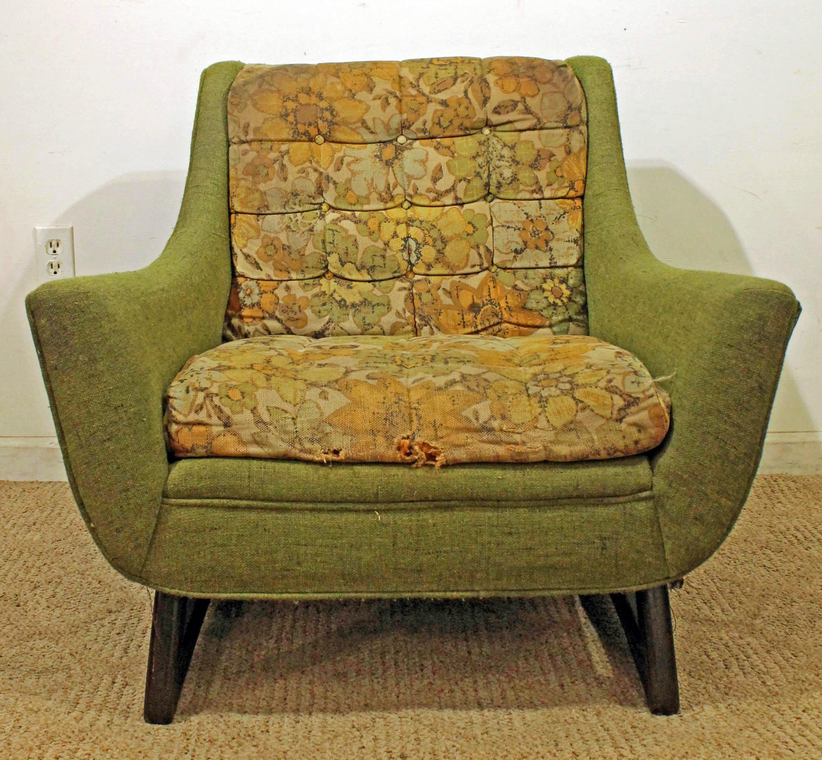 What a find. Offered is a lounge chair attributed to Adrian Pearsall. Features walnut 'boomerang' legs. It is in structurally sound condition, but needs to be reupholstered. It is not signed. See our other listings for more midcentury and Danish