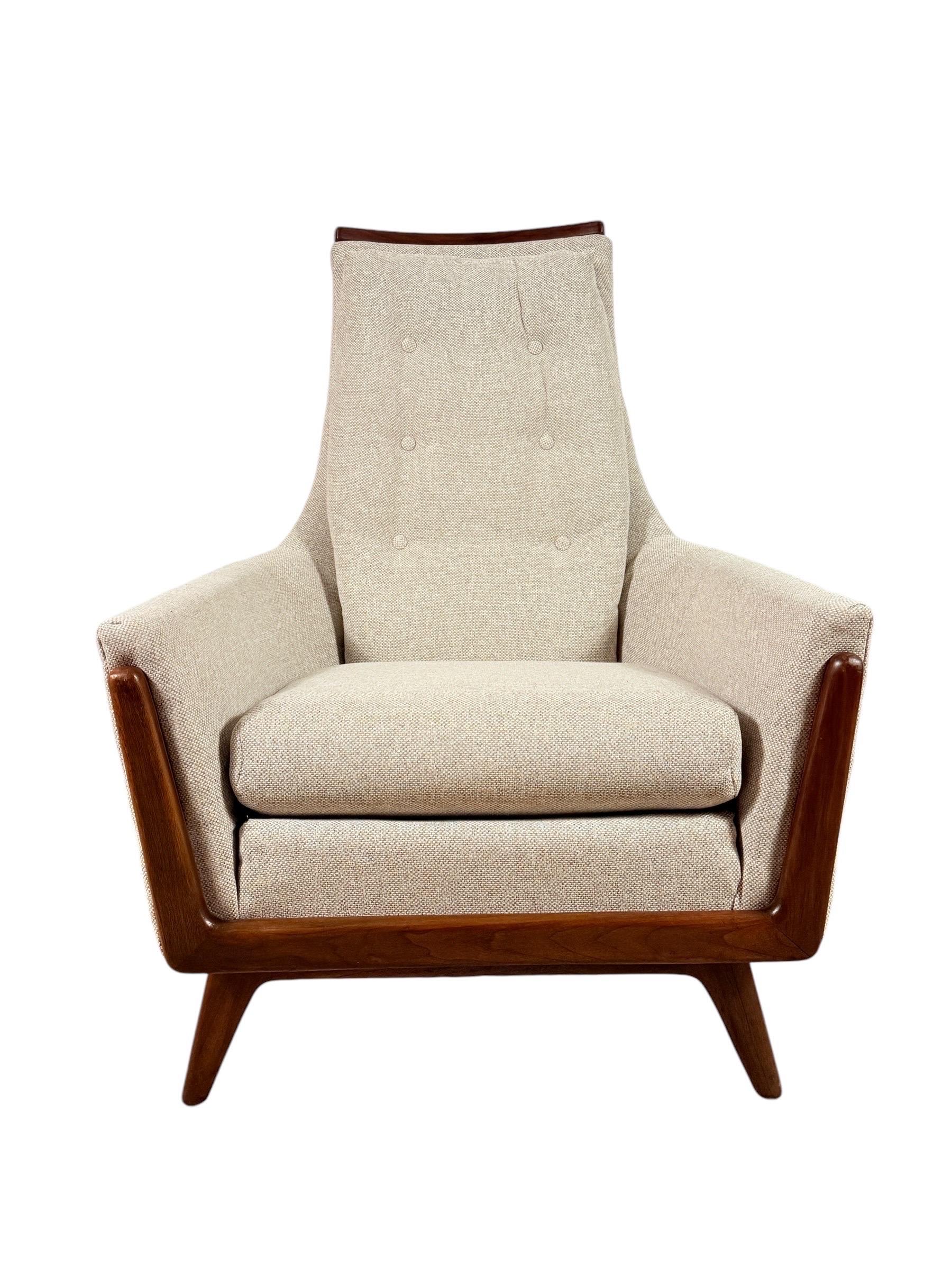 This stunning Adrian Pearsall style lounge chair exudes mid-century modern elegance, combining impeccable craftsmanship with a fresh and timeless look. Fully restored and newly upholstered in durable Crypton fabric, it features a button-tufted