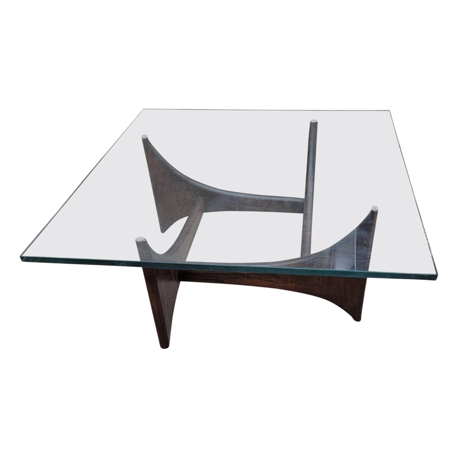 Table basse à plateau en verre Adrian Pearsall, moderne du milieu du siècle dernier, en noyer, à base carrée
