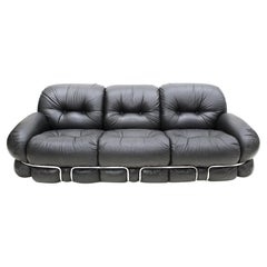 Vintage  Mid-Century Modern Adriano Piazzesi Okay Black Leather and Steel Italian Sofa