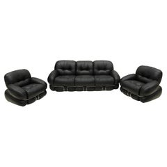 Mid-Century Modern Adriano Piazzesi Okay Black Leather and Steel Italian Sofa