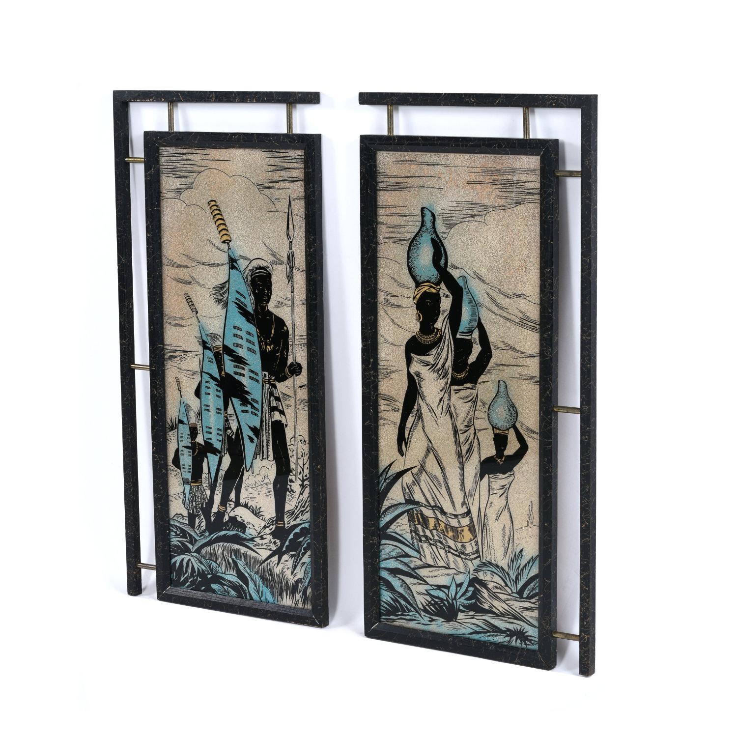Utterly unique pair of Mid-Century Modern painted glass panels depicting African figures. The diptych features African warriors on one side, and women carrying water on the second panel. The captivating image is actually painted on glass panels…