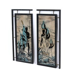 Mid-Century Modern Painted Glass Panels Diptych with African Figures