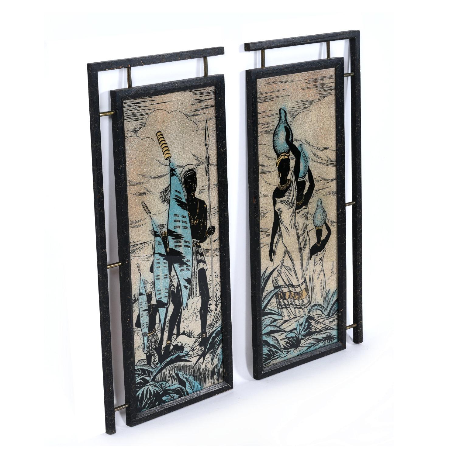 Mid-Century Modern Panneaux de verre peints représentant des guerriers africains et des femmes du milieu du siècle dernier en vente