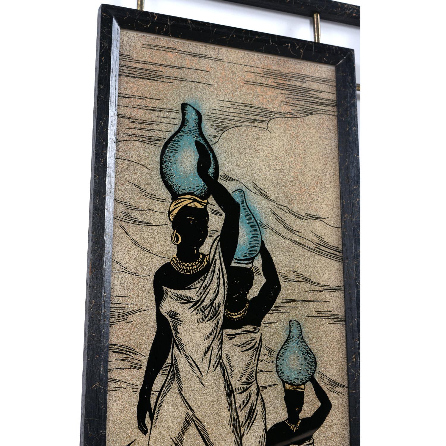 Milieu du XXe siècle Panneaux de verre peints représentant des guerriers africains et des femmes du milieu du siècle dernier en vente