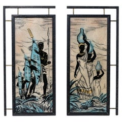 Mid-Century African Warriors and Women Painted Glass Panels