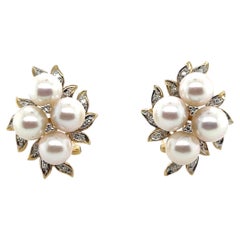 Pendientes de oro amarillo de 14k con akoya y diamantes de mediados del siglo XX