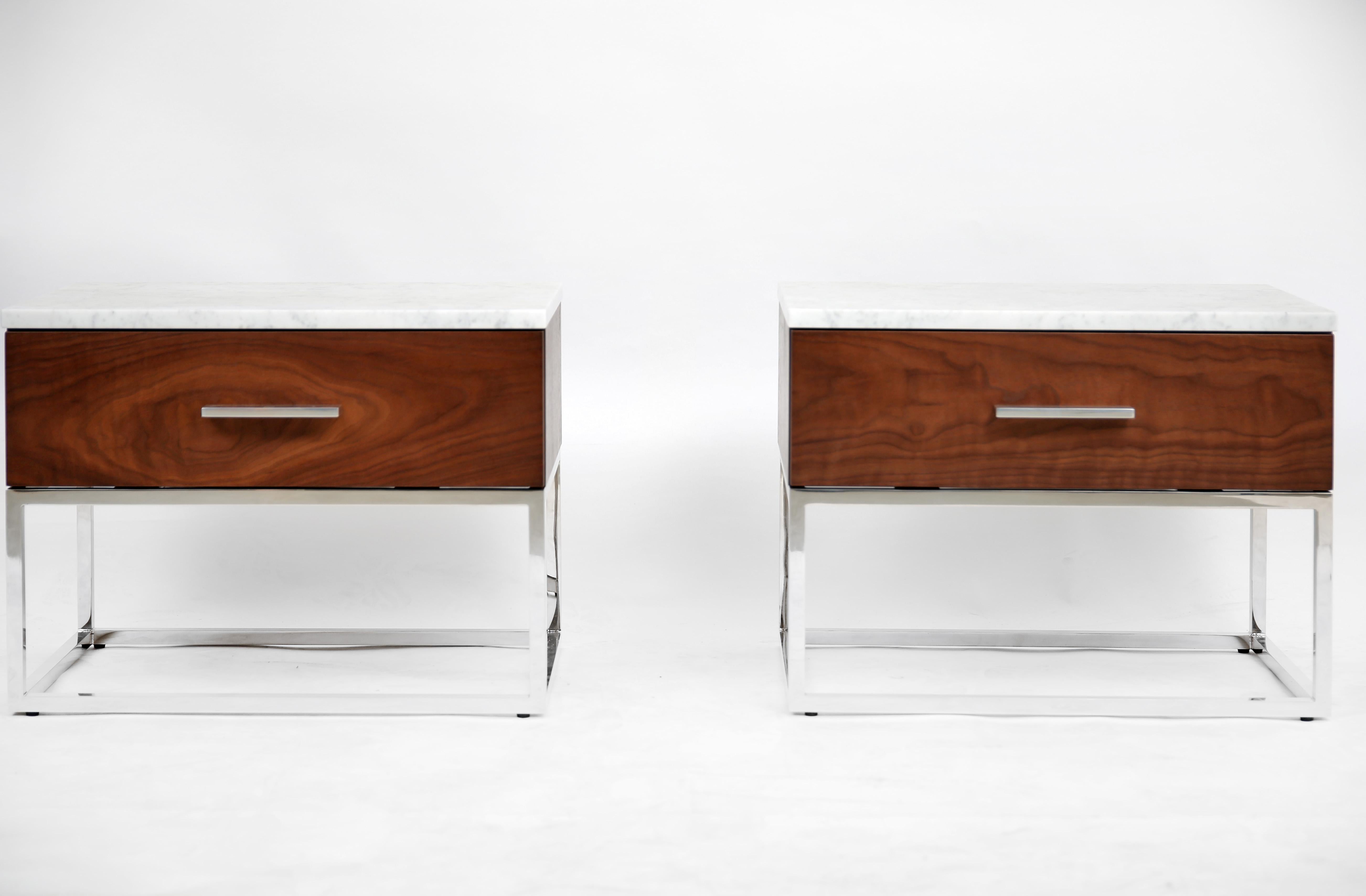 Hand-Crafted Mid-Century Modern Akureyri Bedside Table in Walnut, Stainless Steel and Marble For Sale
