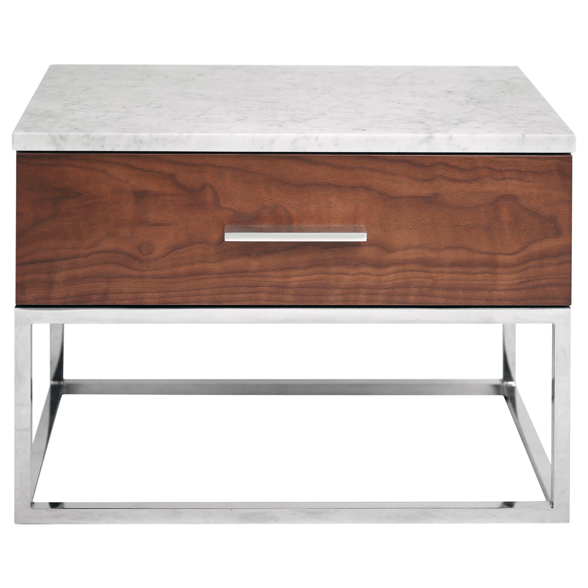 Mid-Century Modern Akureyri Bedside Table in Walnut, Stainless Steel and Marble For Sale