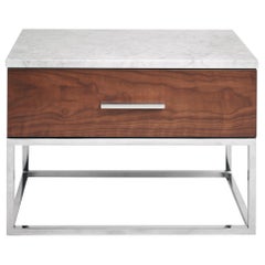 Mid-Century Modern Akureyri Bedside Table in Walnut, Stainless Steel and Marble Mid-Century Modern Akureyri Bedside Table in Walnut, Stainless Steel and Marble