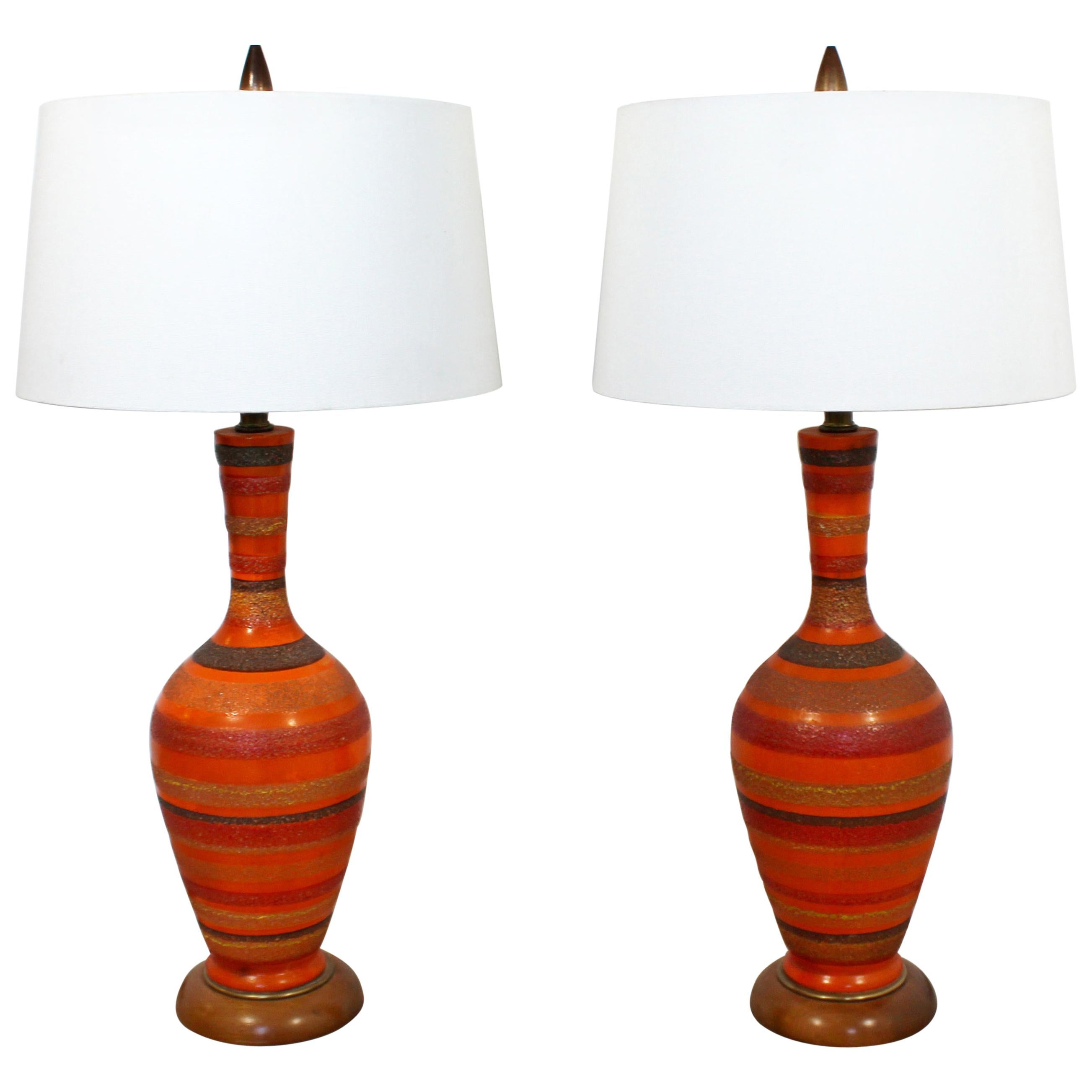Mid-Century Modern Aldo Londi Bitossi Pair of Striped Ceramic Table Lamps, Italy