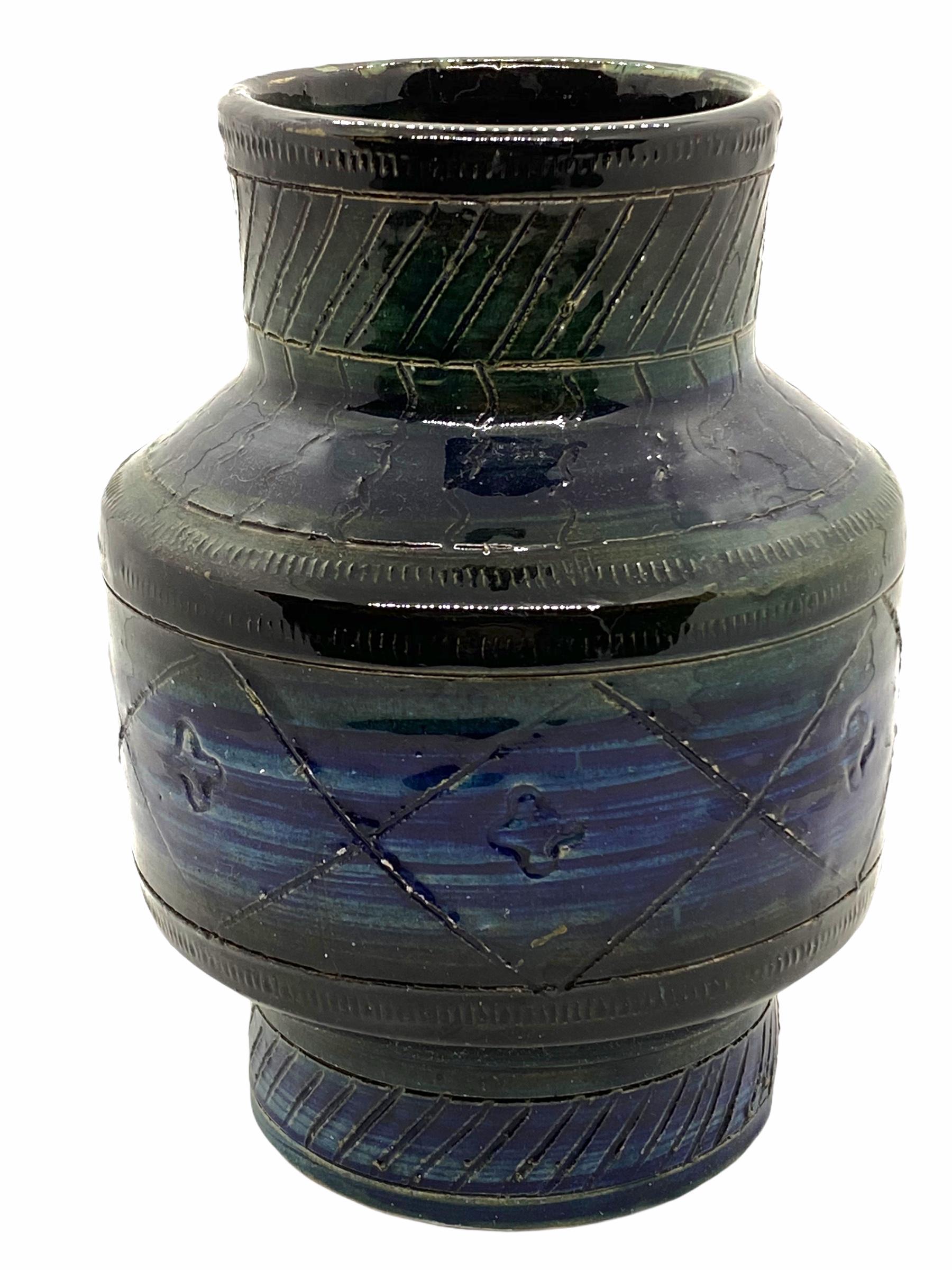 Italian Mid-Century Modern Aldo Londi Rimini Blue Bitossi Ceramic Italy Vase, 1960s For Sale