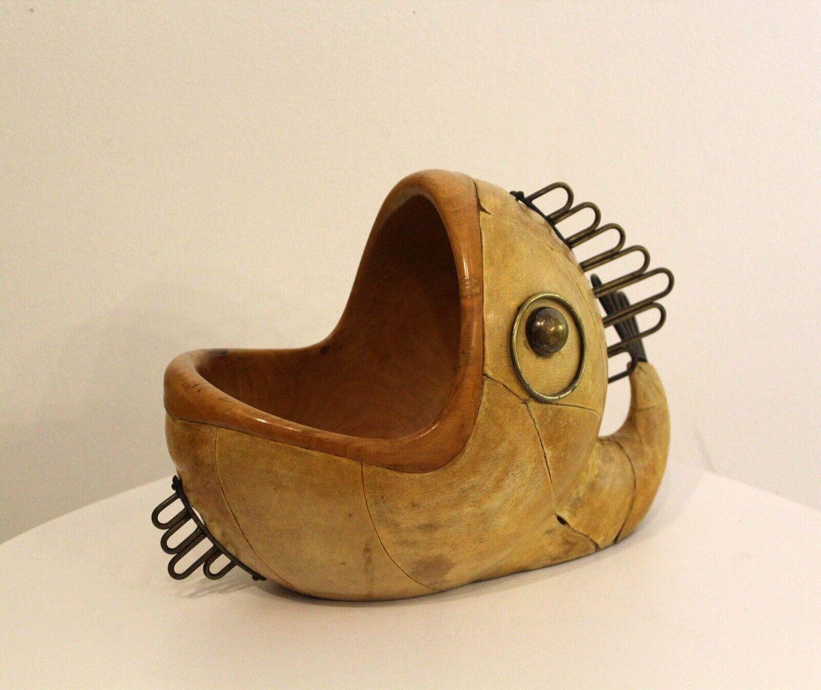For your consideration is this unusual Aldo Tura fish-form sculpture bowl mixed media sculpture with a wood base and metal accents. Dimensions: 7