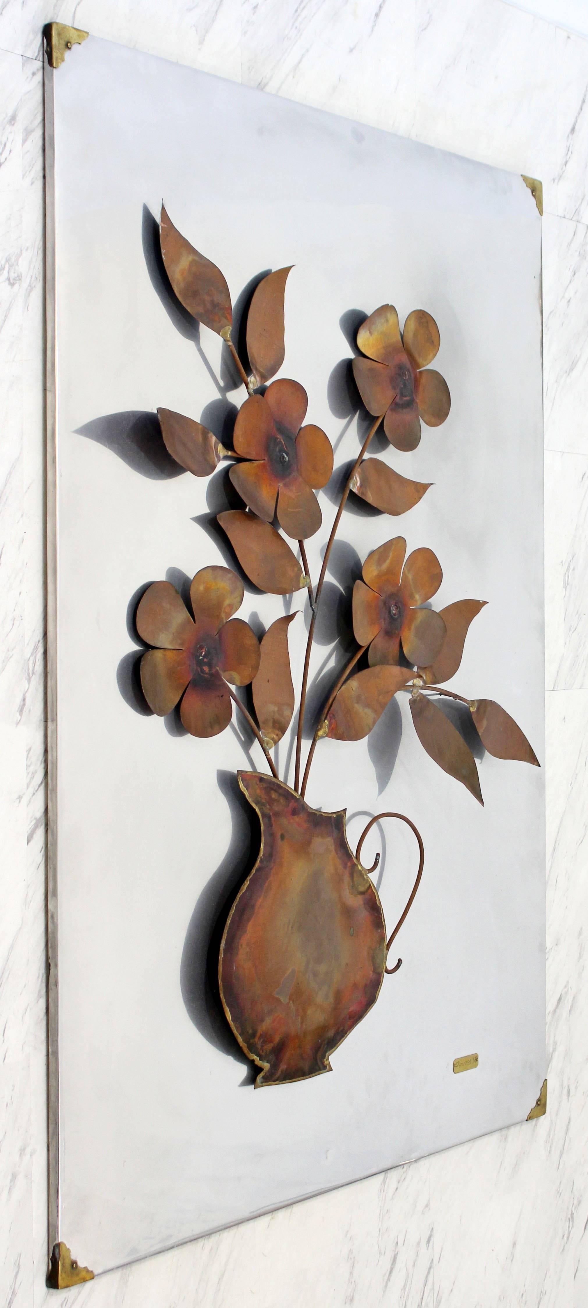 For your consideration is a delightful, aluminum/copper/metal, hanging wall sculpture, signed and dated by Alex Kovacs, 1976. In excellent condition. The dimensions are 32