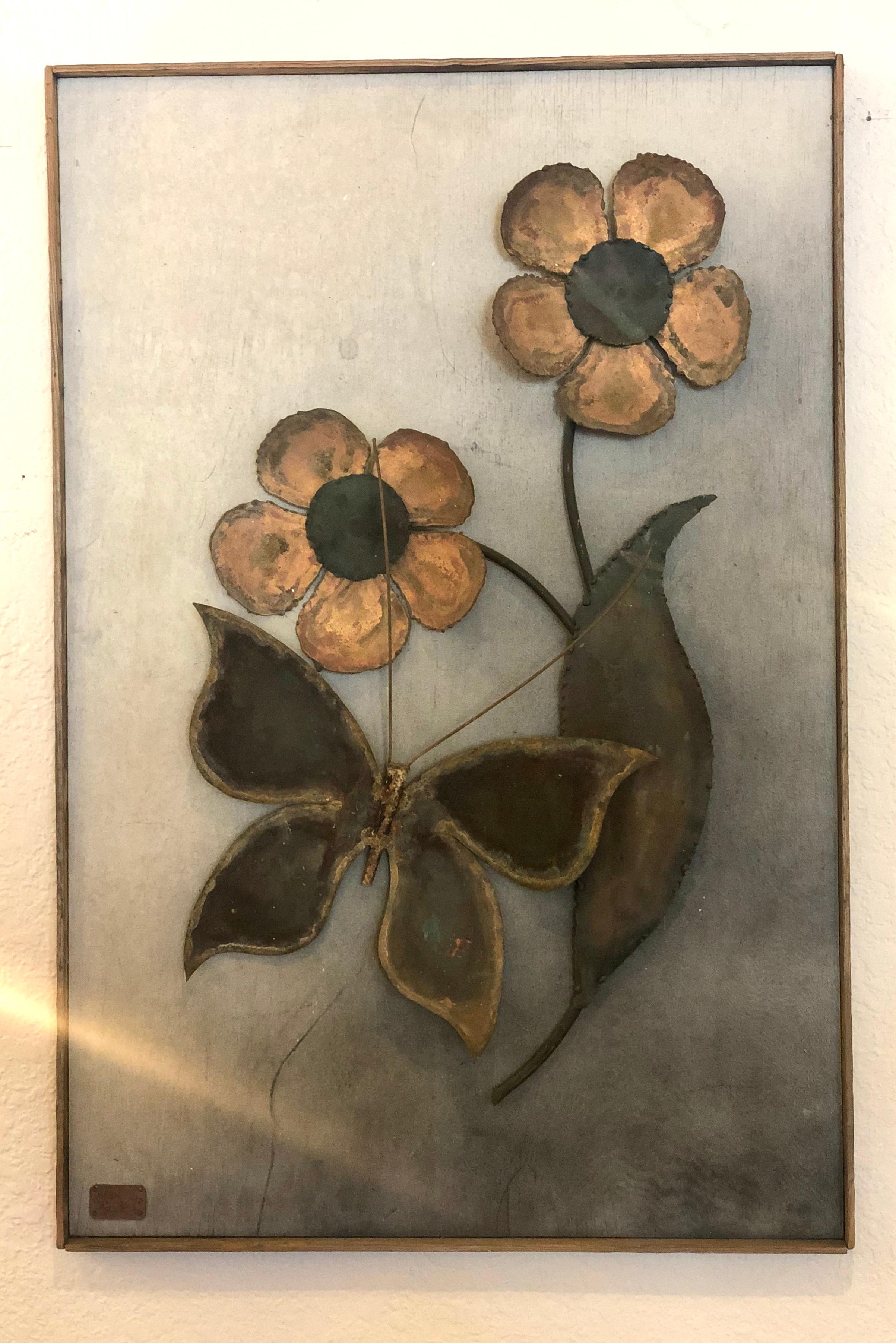 For your consideration is a delightful, patinated brass and copper on wood, hanging wall sculpture, signed and dated by listed artist Alex Kovacs, 1972. In great original vintage condition, and frame.
