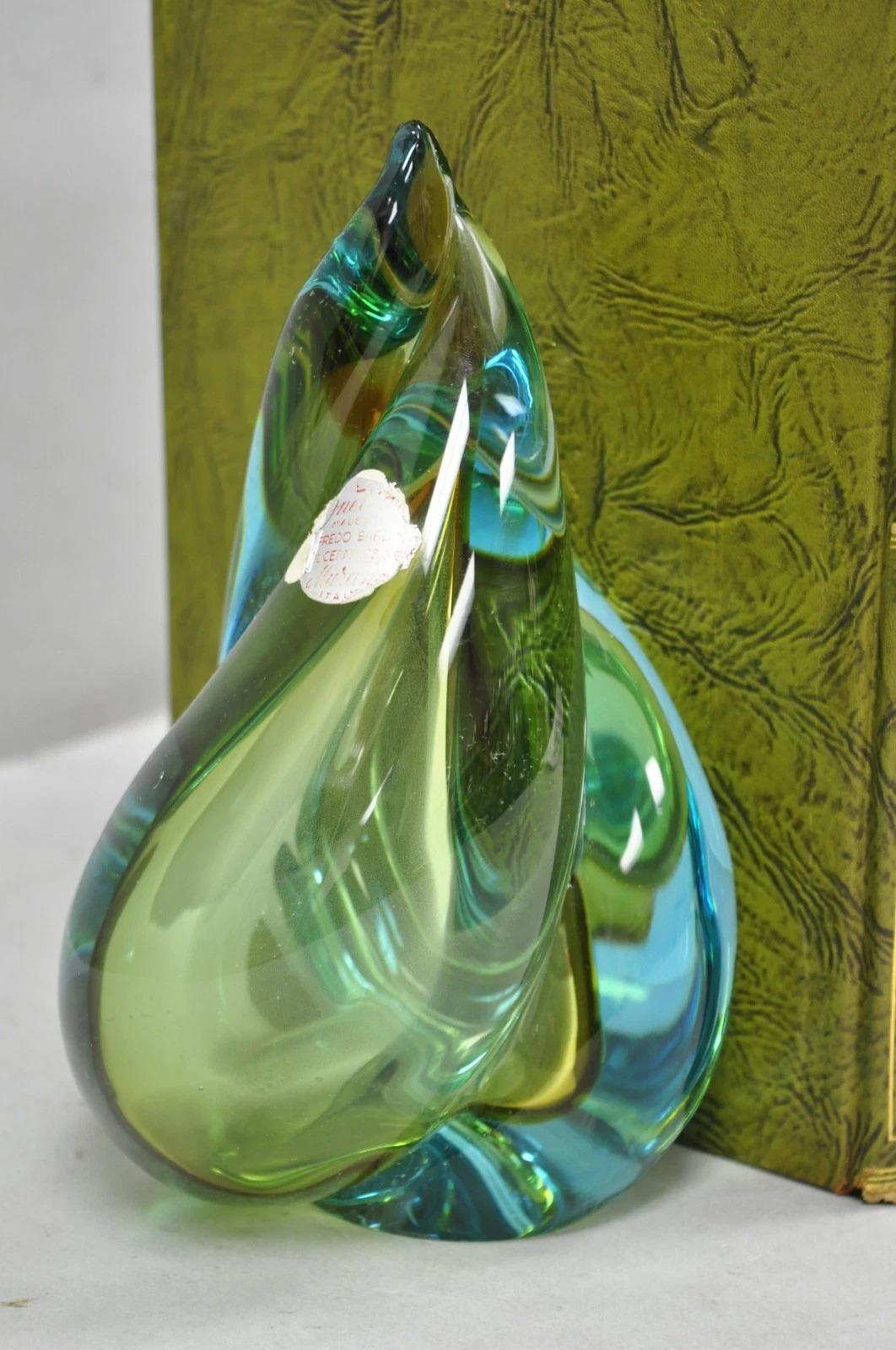 Mid-Century Modern Siècle Moderne Alfredo Barbini Murano Italie Verre d'Art Bleu Serre-livres Flamme en vente