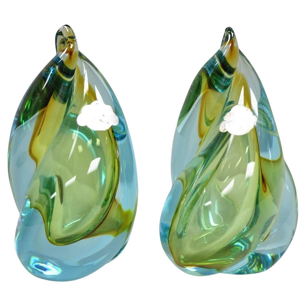 Mid Century Modern Alfredo Barbini Murano Italien Blau Kunstglas Flamme Buchstützen