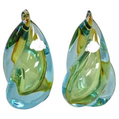 Mid Century Modern Alfredo Barbini Murano Italy Blue Art Glass Flame Bookends