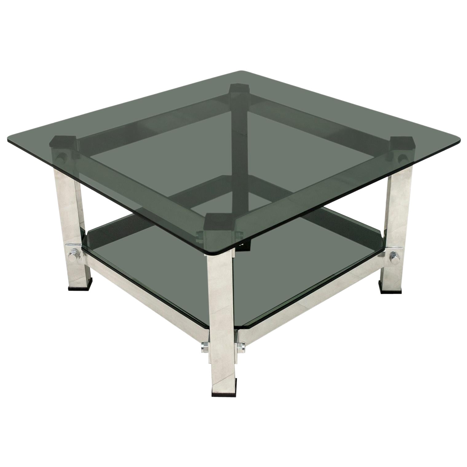 Mesa de centro moderna de mediados de siglo de aluminio y cristal, 1970