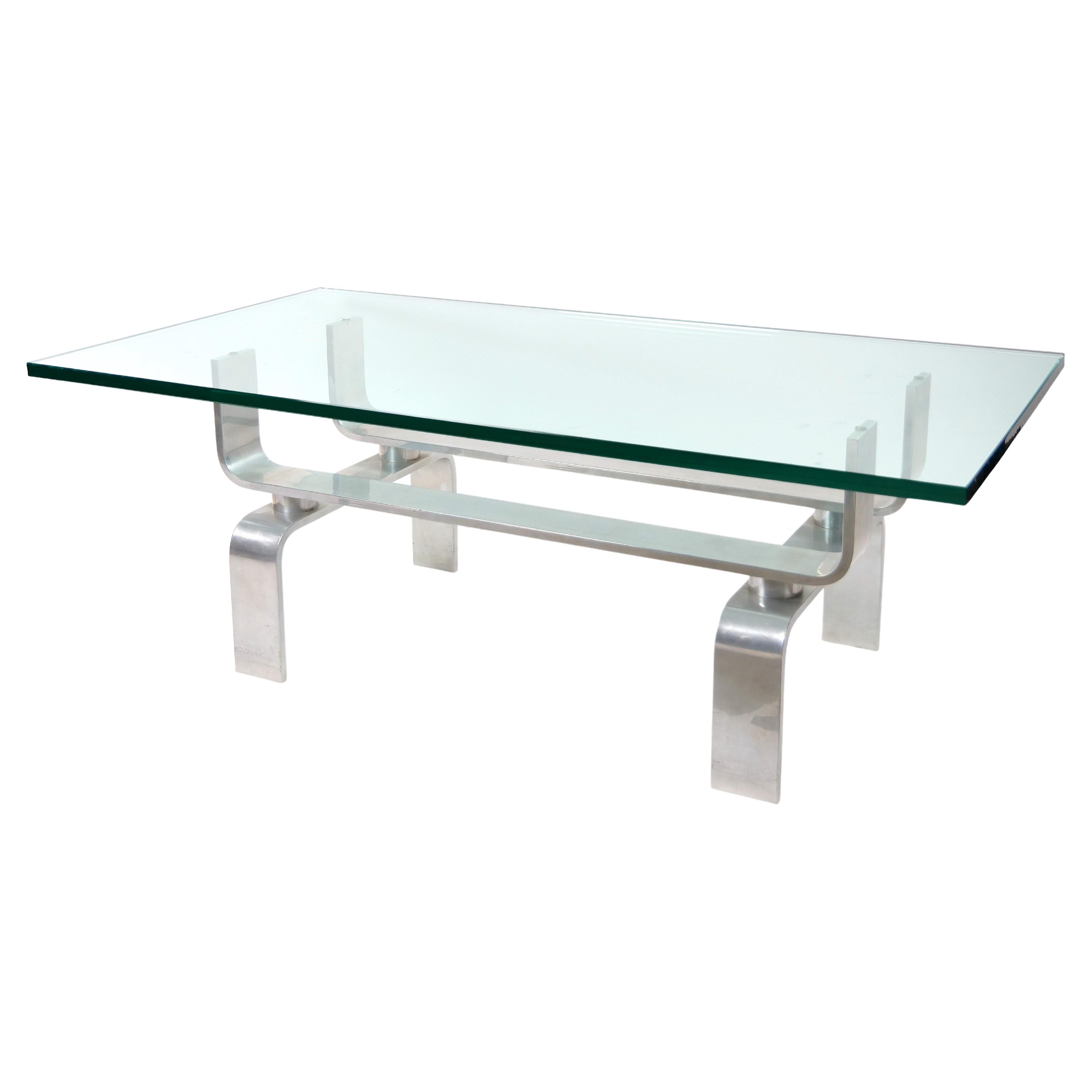 Table basse mi-siècle moderne à base en aluminium et plateau en verre